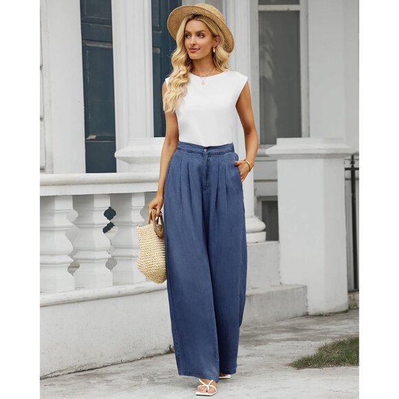 Wide Leg Pants Women Tencel High Waisted Palazzo Summer Beach Flowy - Picture 2 of 7